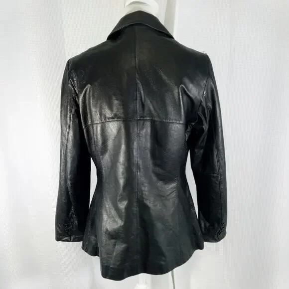 WILSONS LEATHER! RICH BLACK GENUINE LEATHER FITTED BUTTON FRONT JACKET! SZ M - Picture 6 of 12